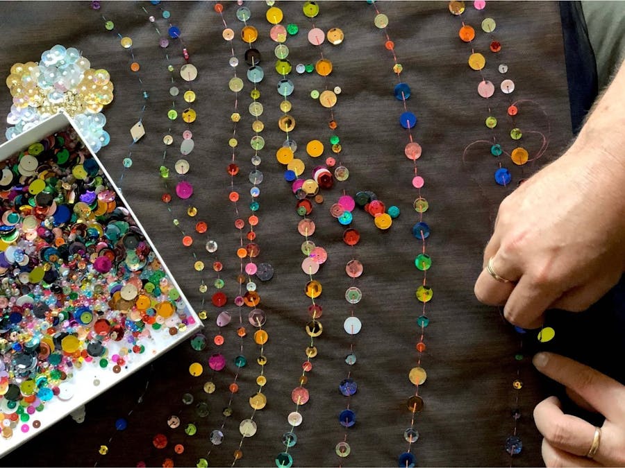 Glass and acrylic seed beads, bugle beads, sequins, cotton, tulle