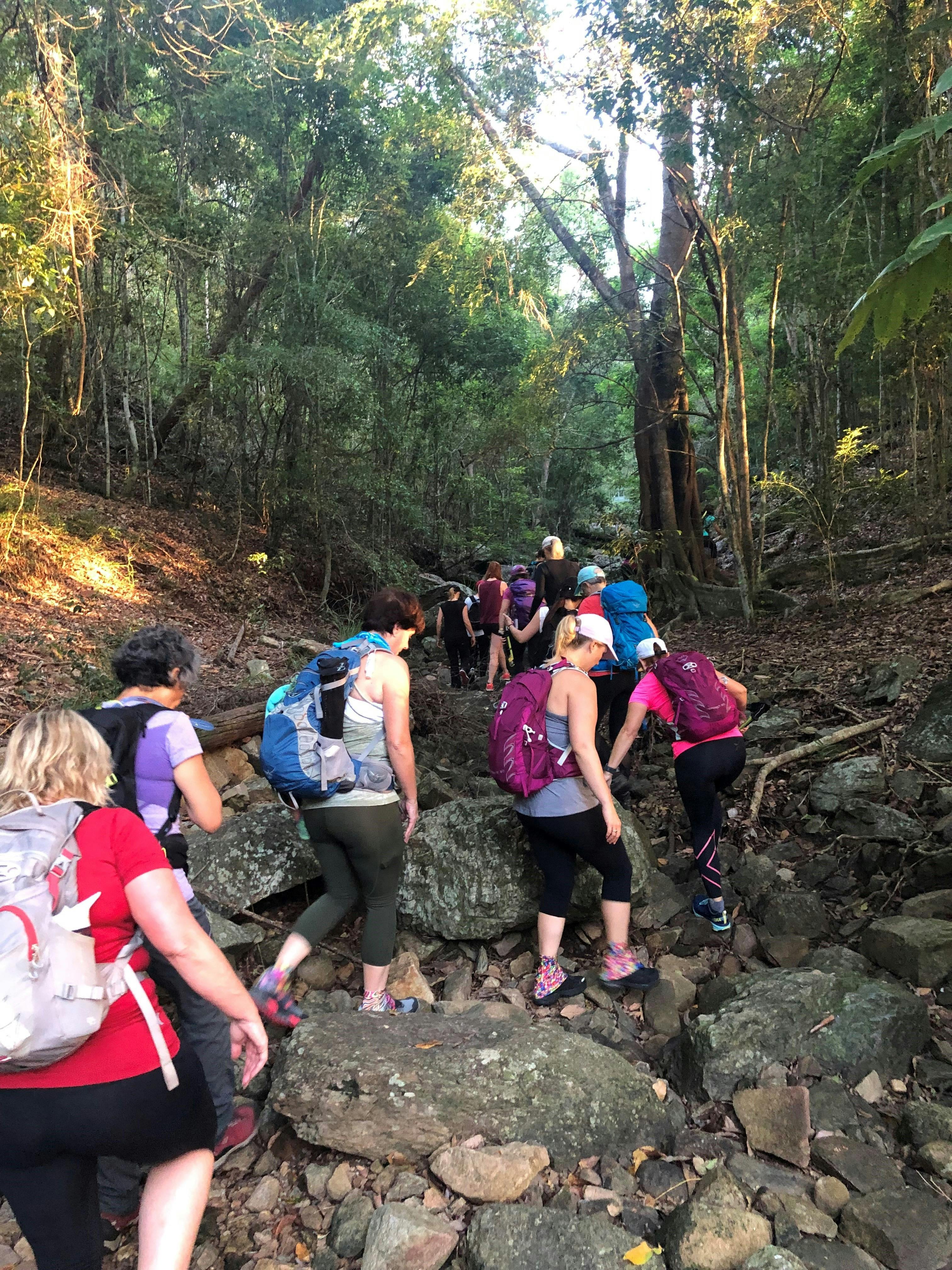 Women walking up a rocky path at Mt Coot tha Brisbane