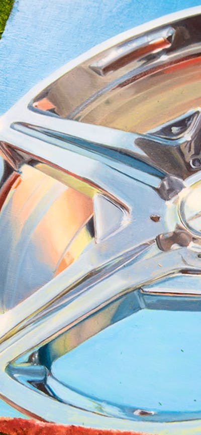 painting of a shiny car well lying on green grass