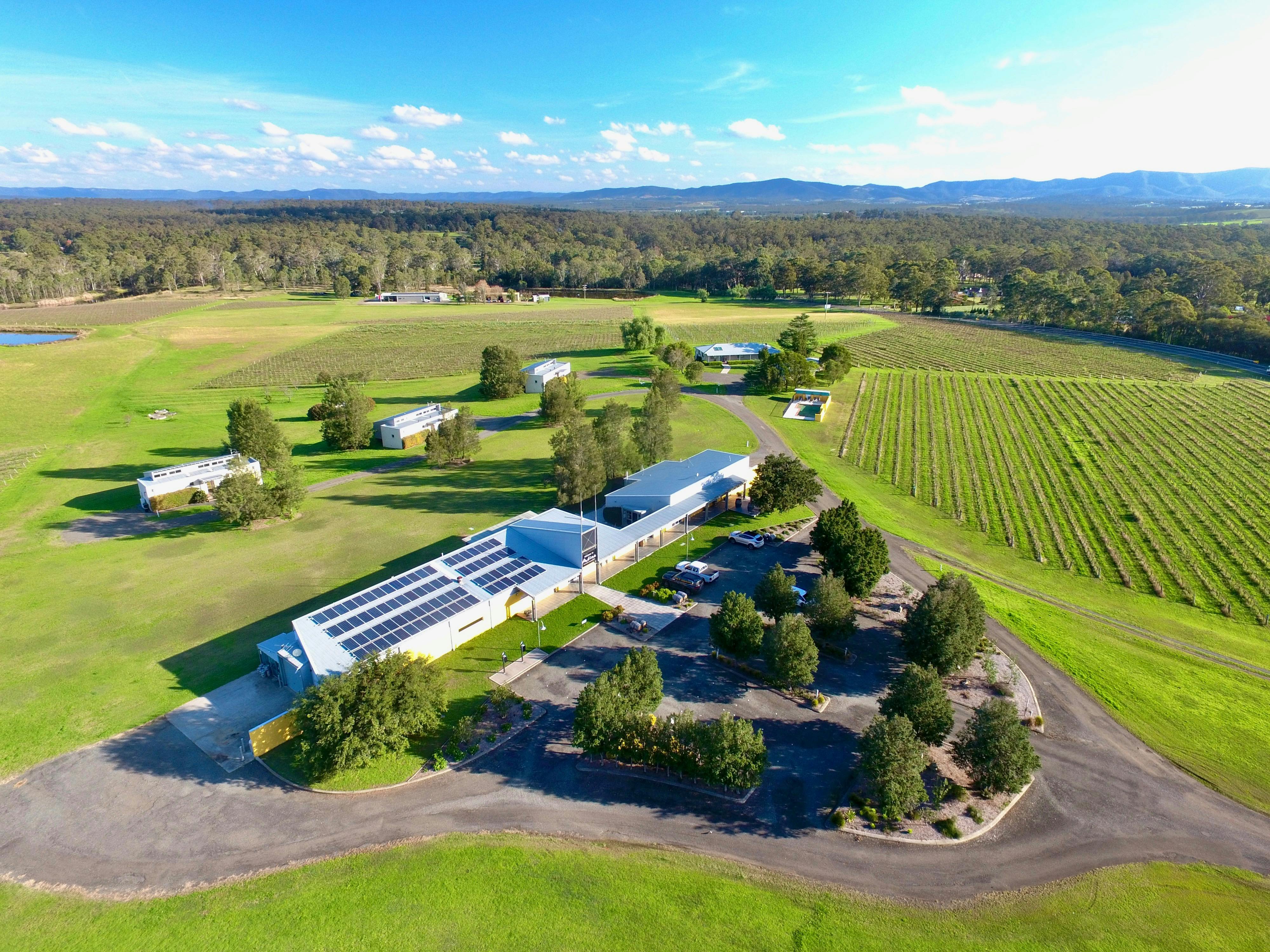 Image shows an aerial view of the Cellar Door at Adina Vineyard & Olive Grove