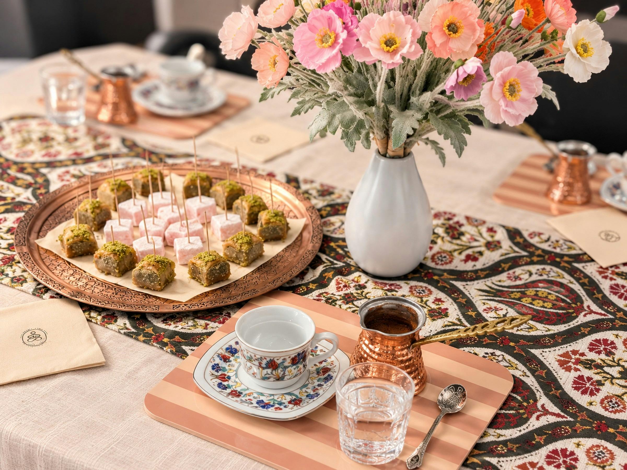 Turkish delight, baklava and Turkish coffee served on a patterned table