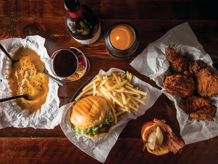 Potato and gravy, wine, cheeseburger, fries, fried chicken and a Bloody Burger Mary from Mary's