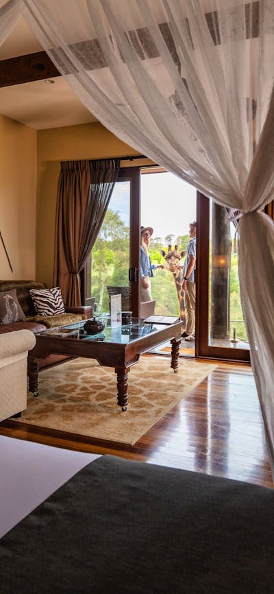 Photo of Giraffe Treehouse featuring 4 poster king bed, living room and view of two giraffes.