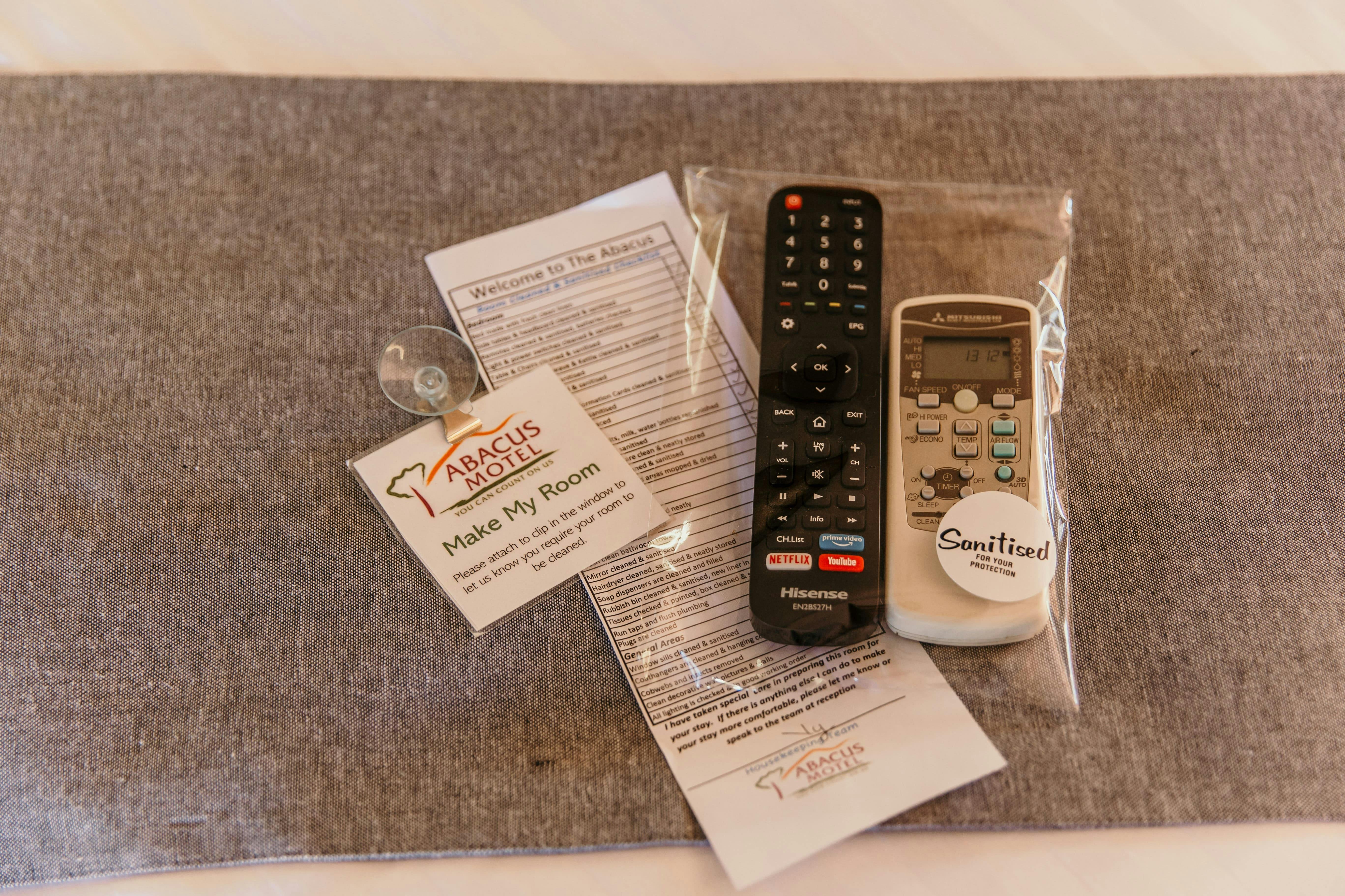 Sanitised and sealed remotes and motel information