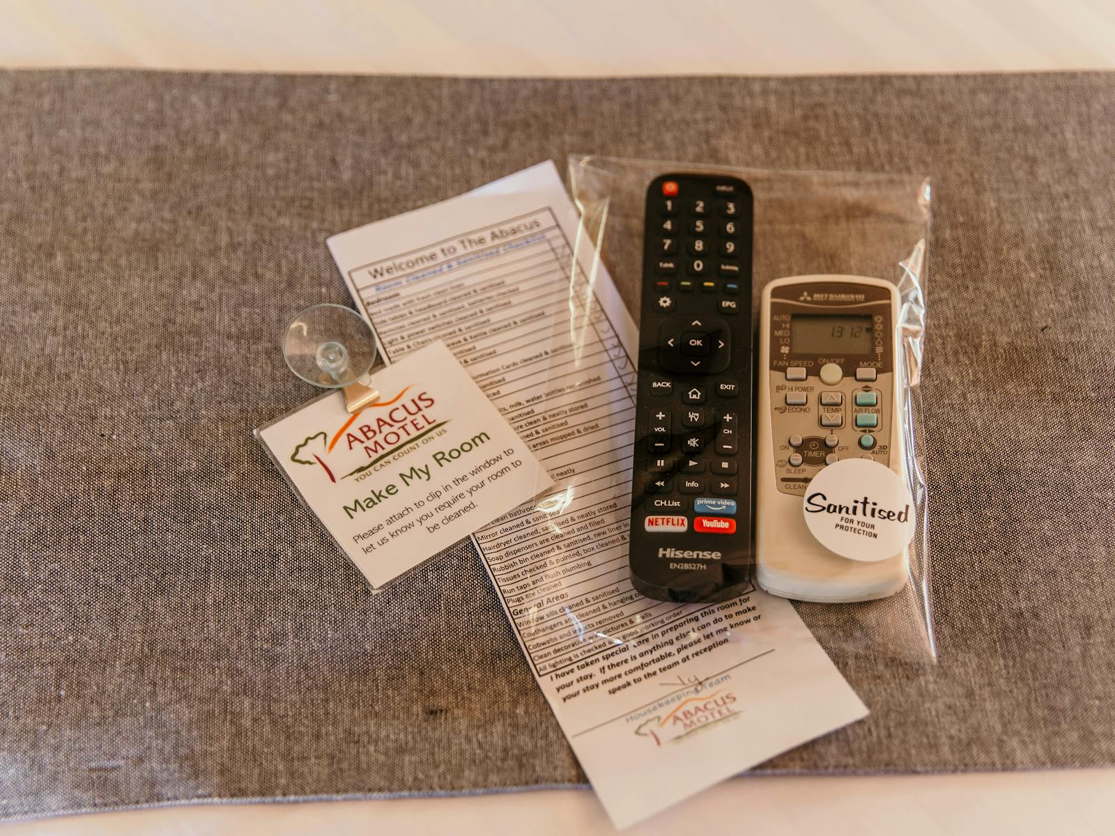 Sanitised and sealed remotes and motel information
