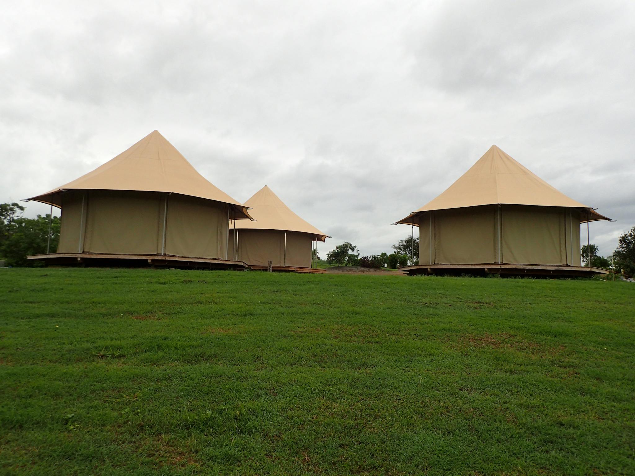 Showing three Safari tent-like Glamping Bungalows Showing three Safari tent-like Glamping Bungalows