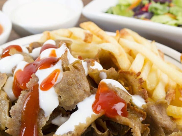 Kebab Snack pack, kebeb meat, chips and sauce