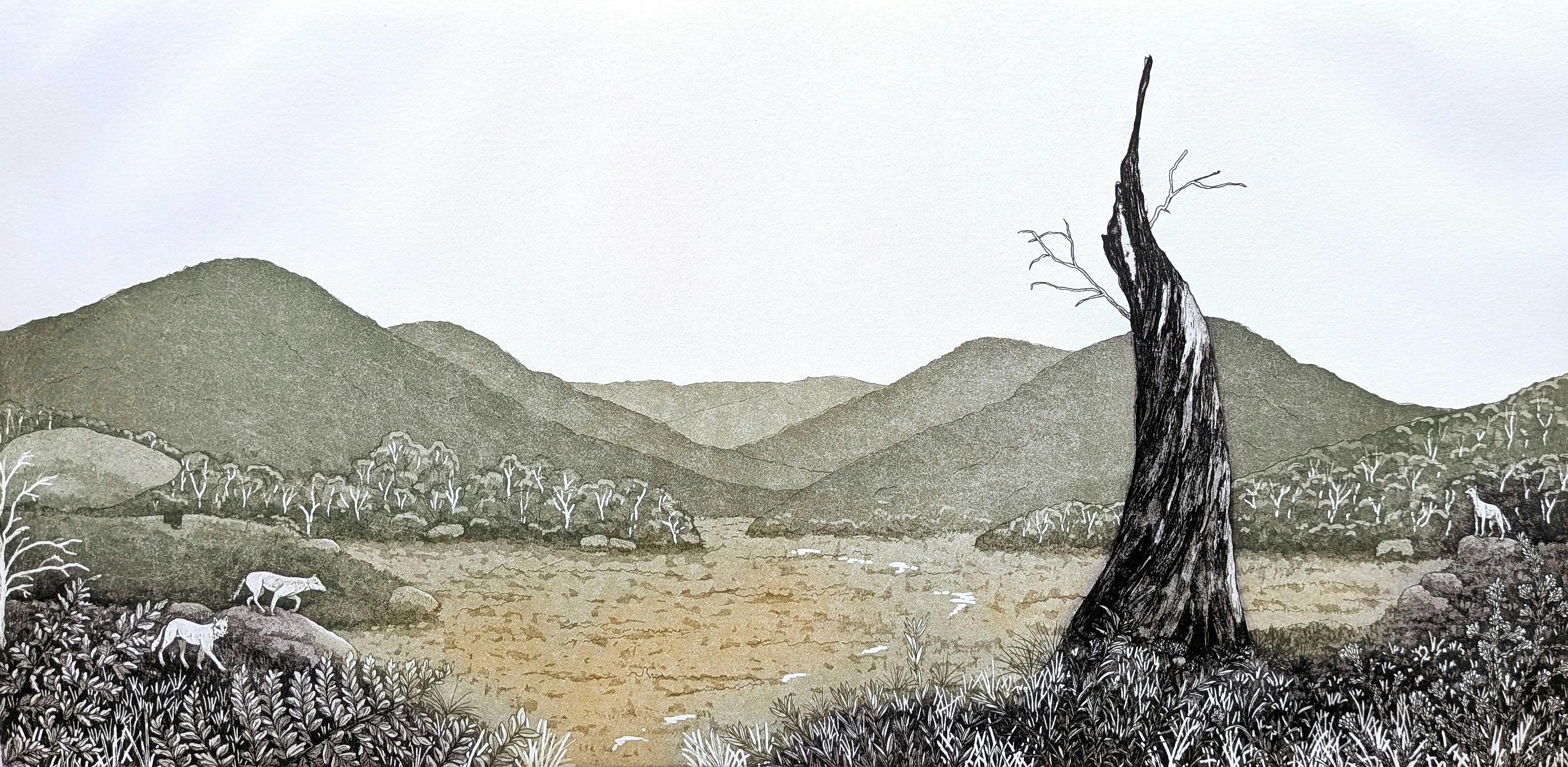 A print of a soft landscape of hills, with a gothic tree.