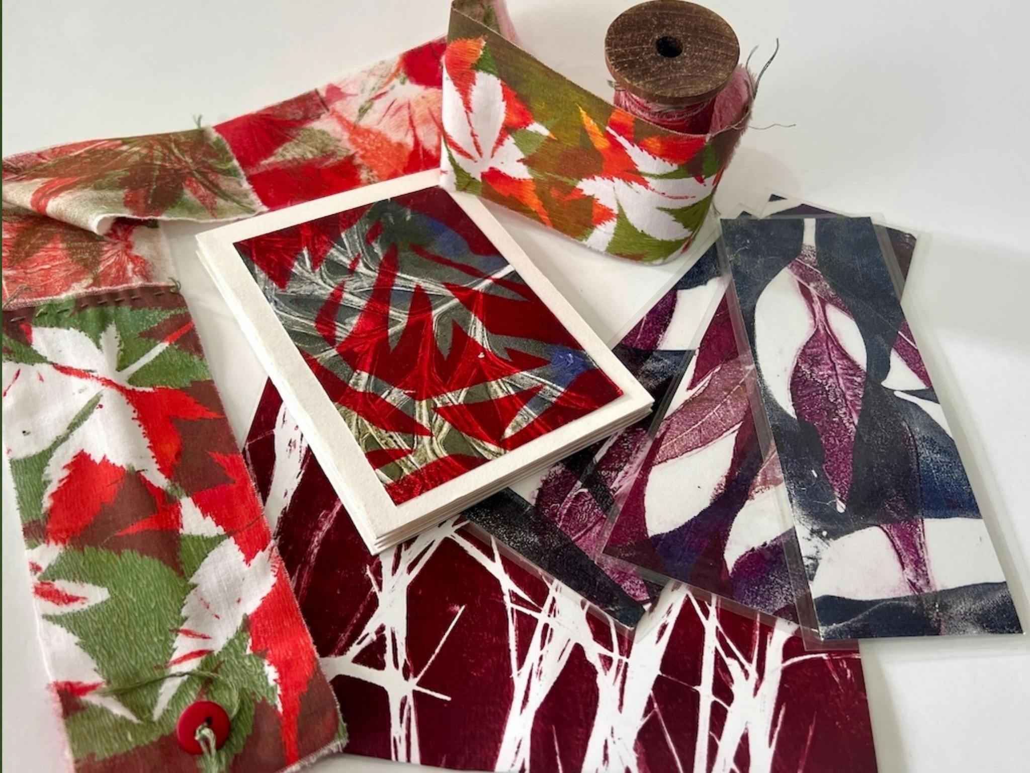 papers and fabrics that have been printed using a gel plate