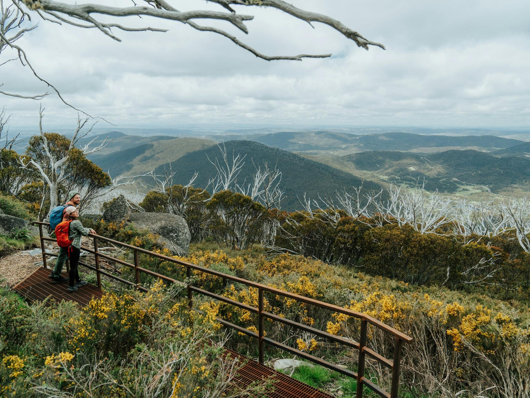Two hikers taking in veiws of the Snowy Mountains on a walk in Kosciuszko National Park.