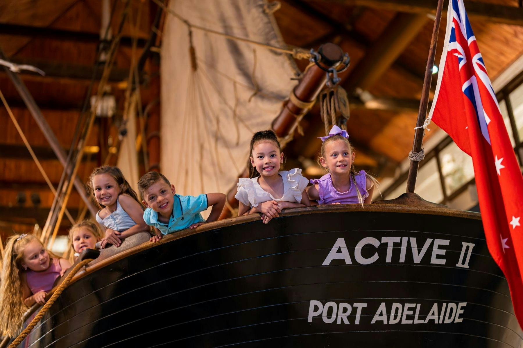 Children on the replica ketch in the SA Maritime Museum