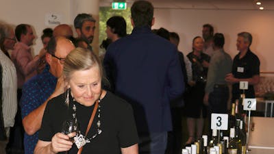 Lady looking at all the bottles of wine for tasting