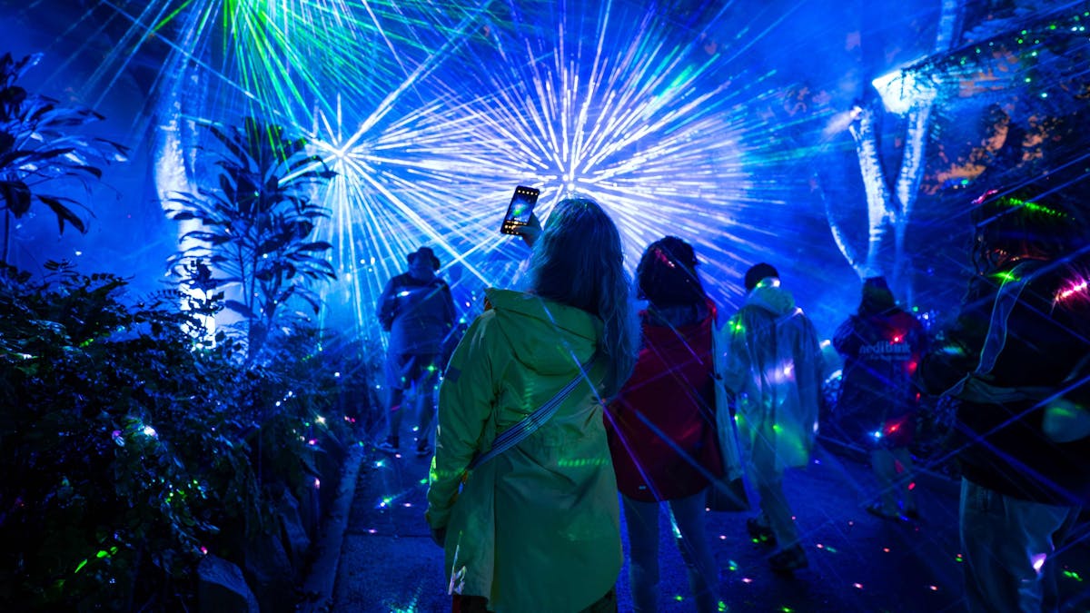 People taking photos of the laser light show