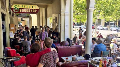 Group of people outside pub