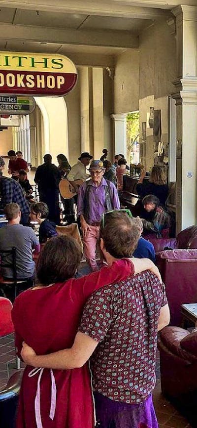 Group of people outside pub
