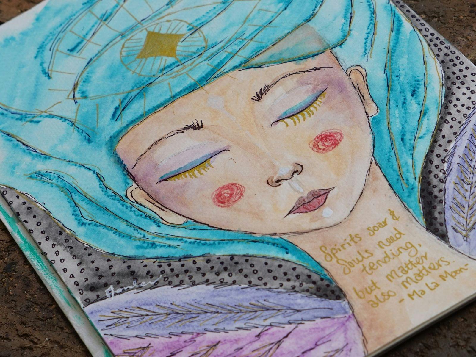 A watercolour painting of a woman with aqua flowy hair and wings with a quote on her neck