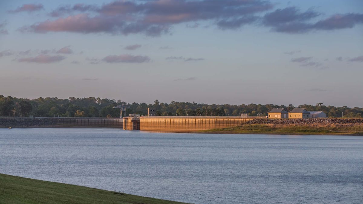 The North Pine Dam wall, which seperates the Dam and Lake Samsonvale is visible from Bullocky Rest