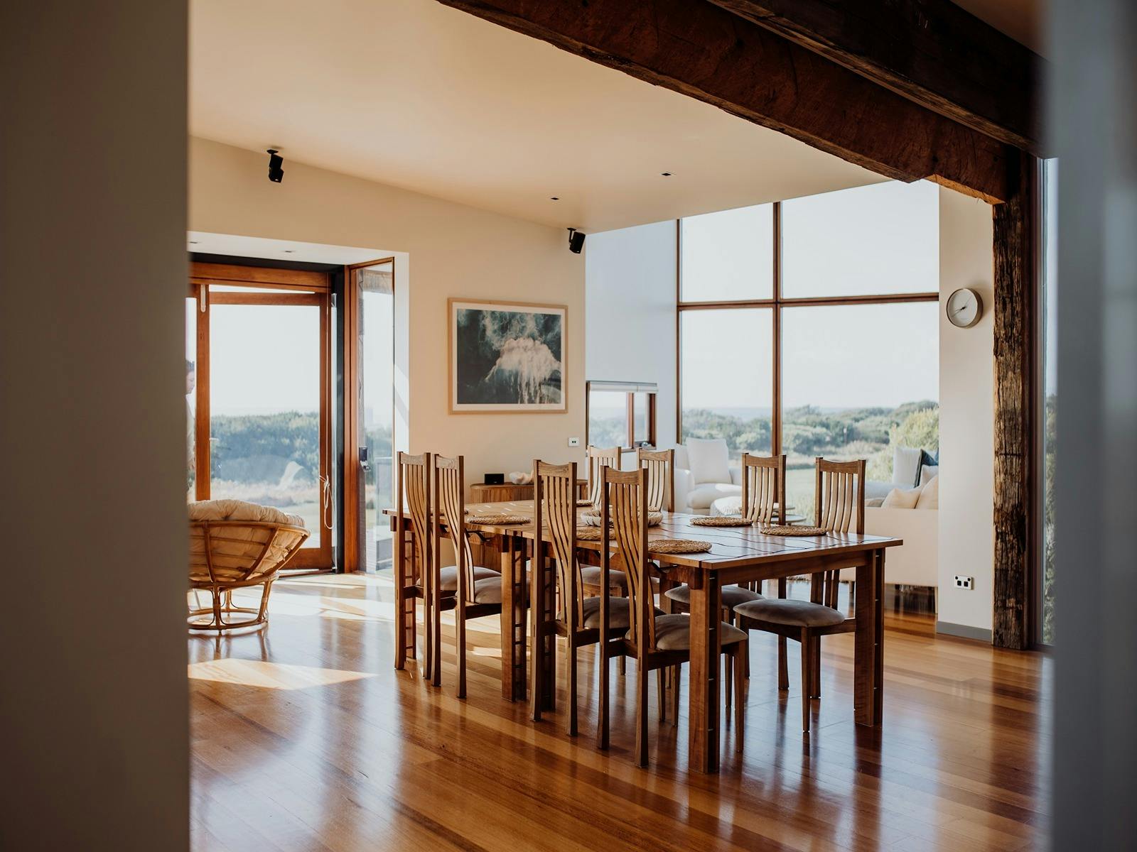 Open plan kitchen and dining room. Cohesive living space.
