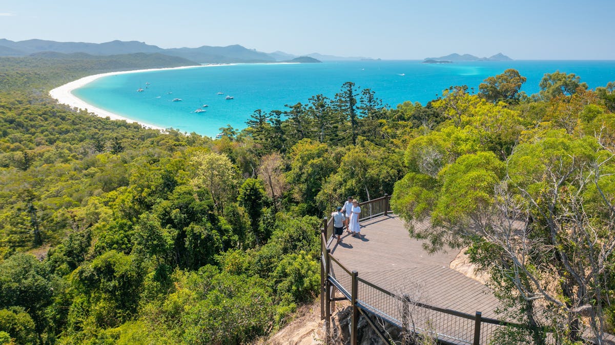 People on a hilltop lookout point overlooking the trees, long stretch of white sandy beach and ocean