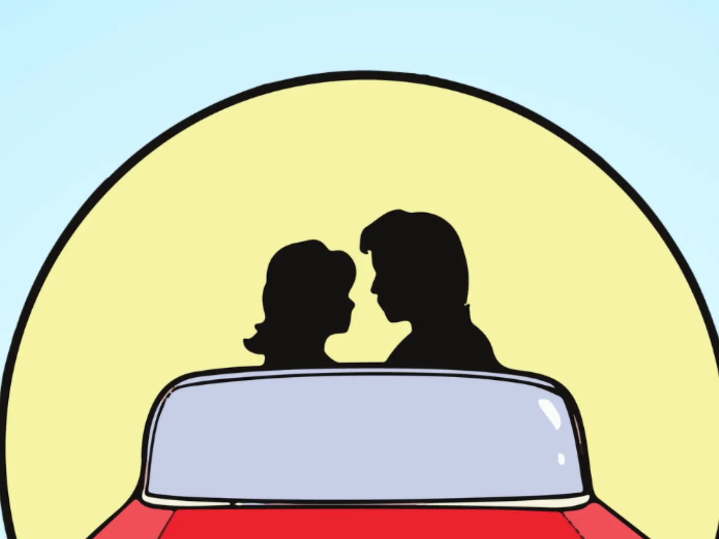 Cartoon image of young couple in a red convertible with sun and blue sky in background