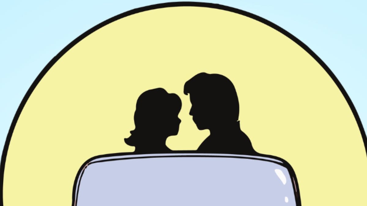 Cartoon image of young couple in a red convertible with sun and blue sky in background