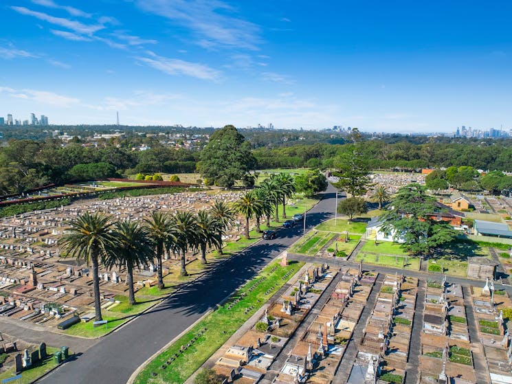 aerial drone view of the cemetery overlooking the monuments