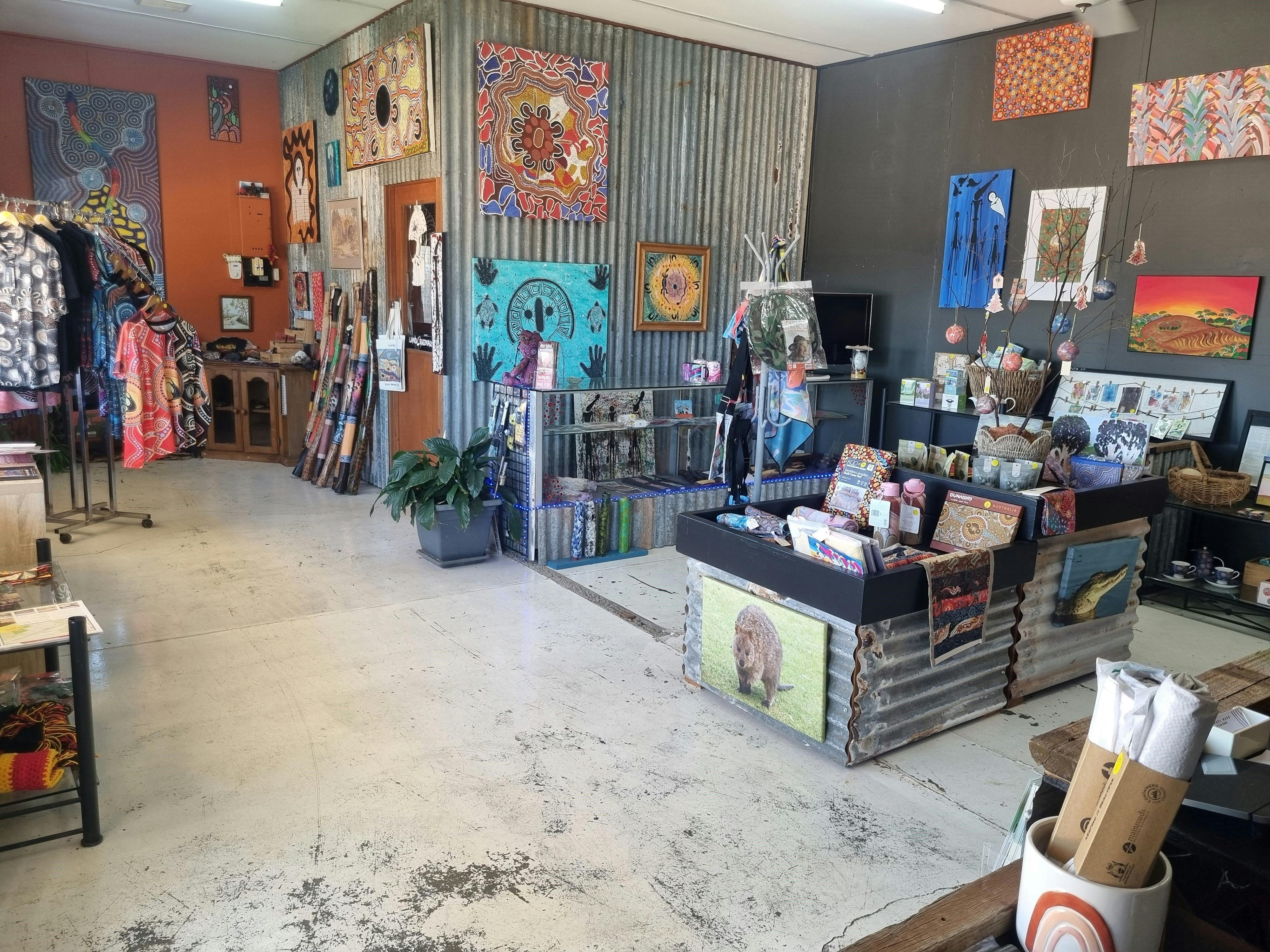 Local Aboriginal art , artifacts ,clothing , gifts, souvenirs ,wellness products and Coffee Bar .