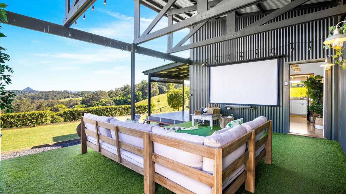 outdoor cinema area looking out to Cooroora Mountain. This area joins the Barn and courtyard