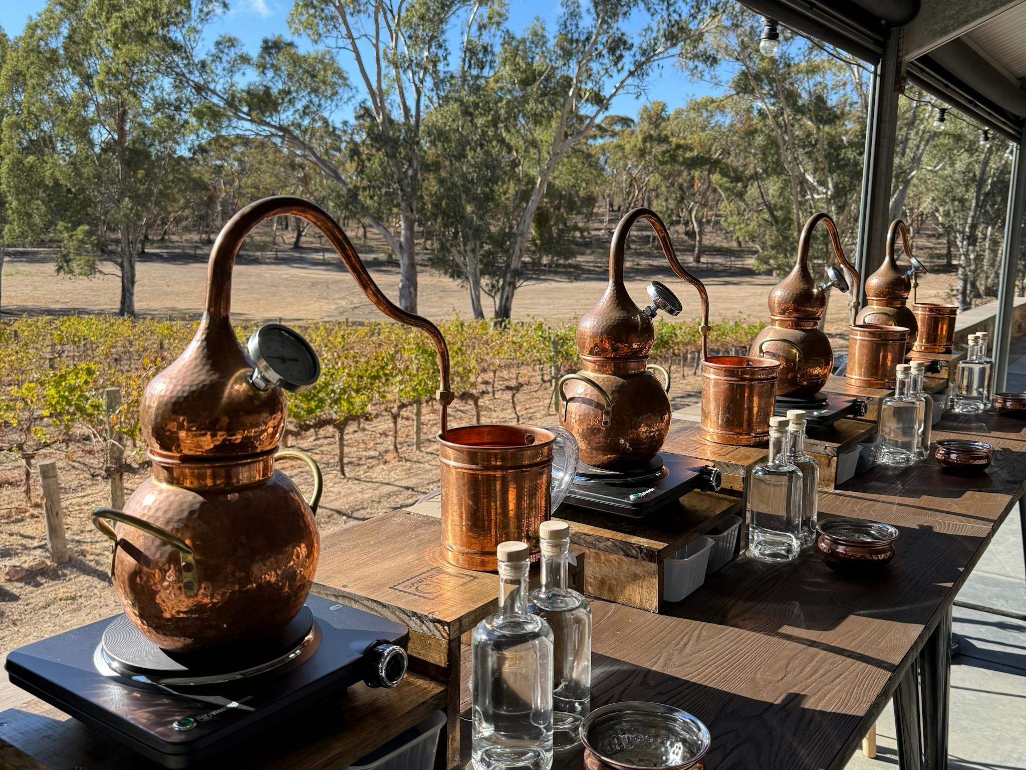 Small copper stills pictured overlooking a vineyard setting