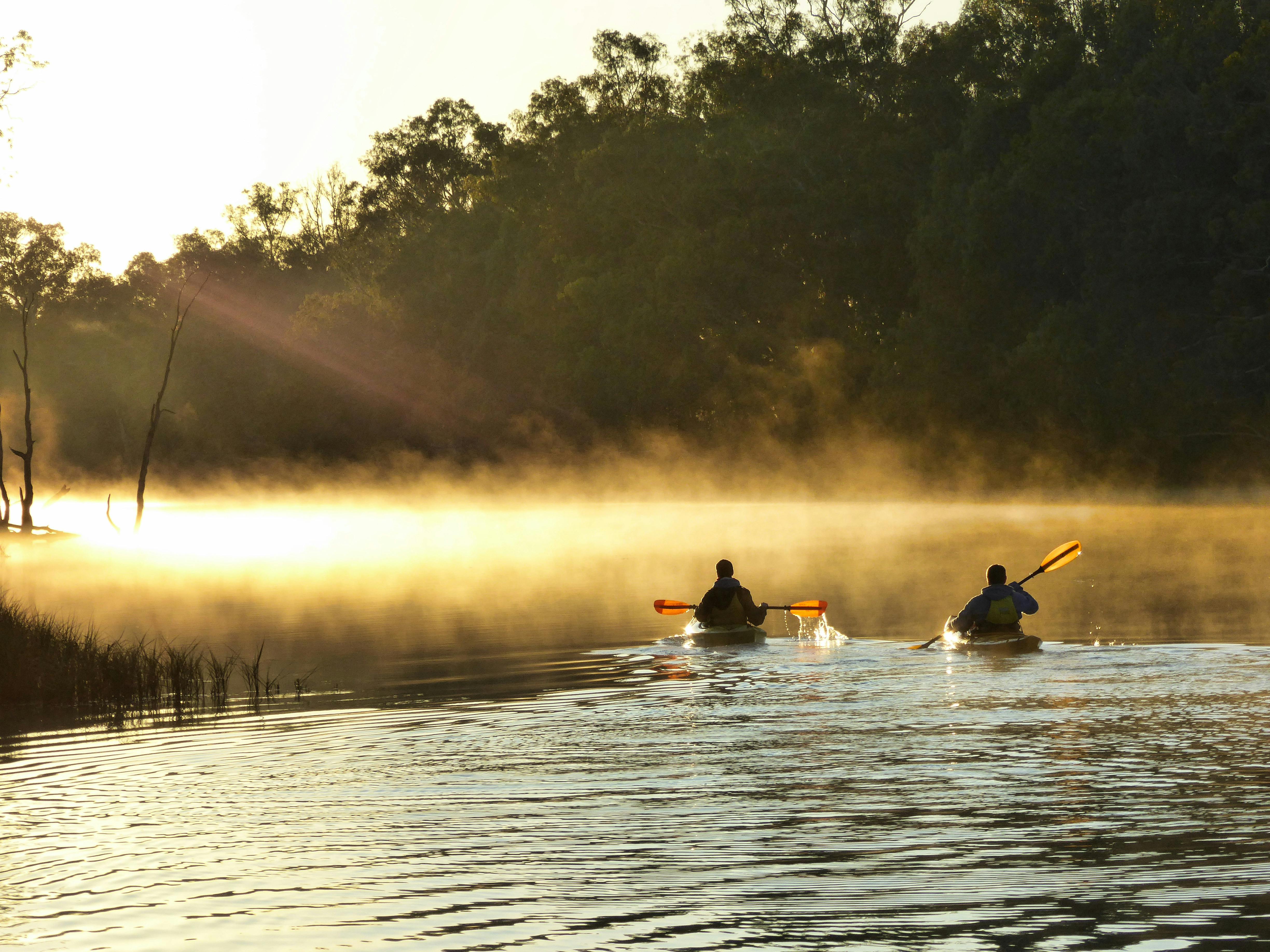 2 kayakers on the water in the golden morning light, with mist rising.