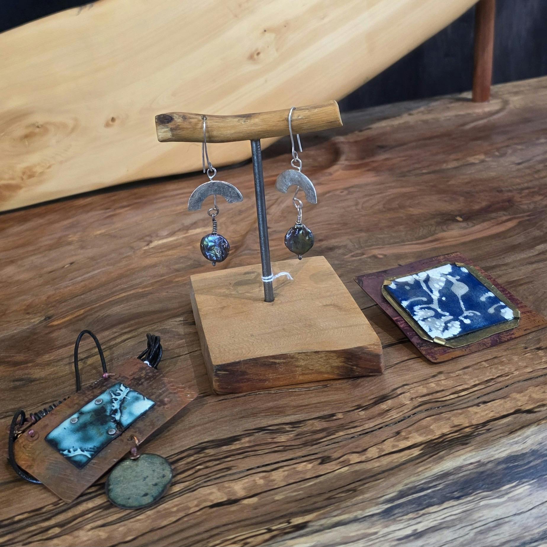 Hand beaten and enamelled copper jewellery, silver and freshwater pearl earrings