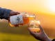 A hand pours amber-colored gin from a Swiftcrest Distillery bottle into a glass at sunset.