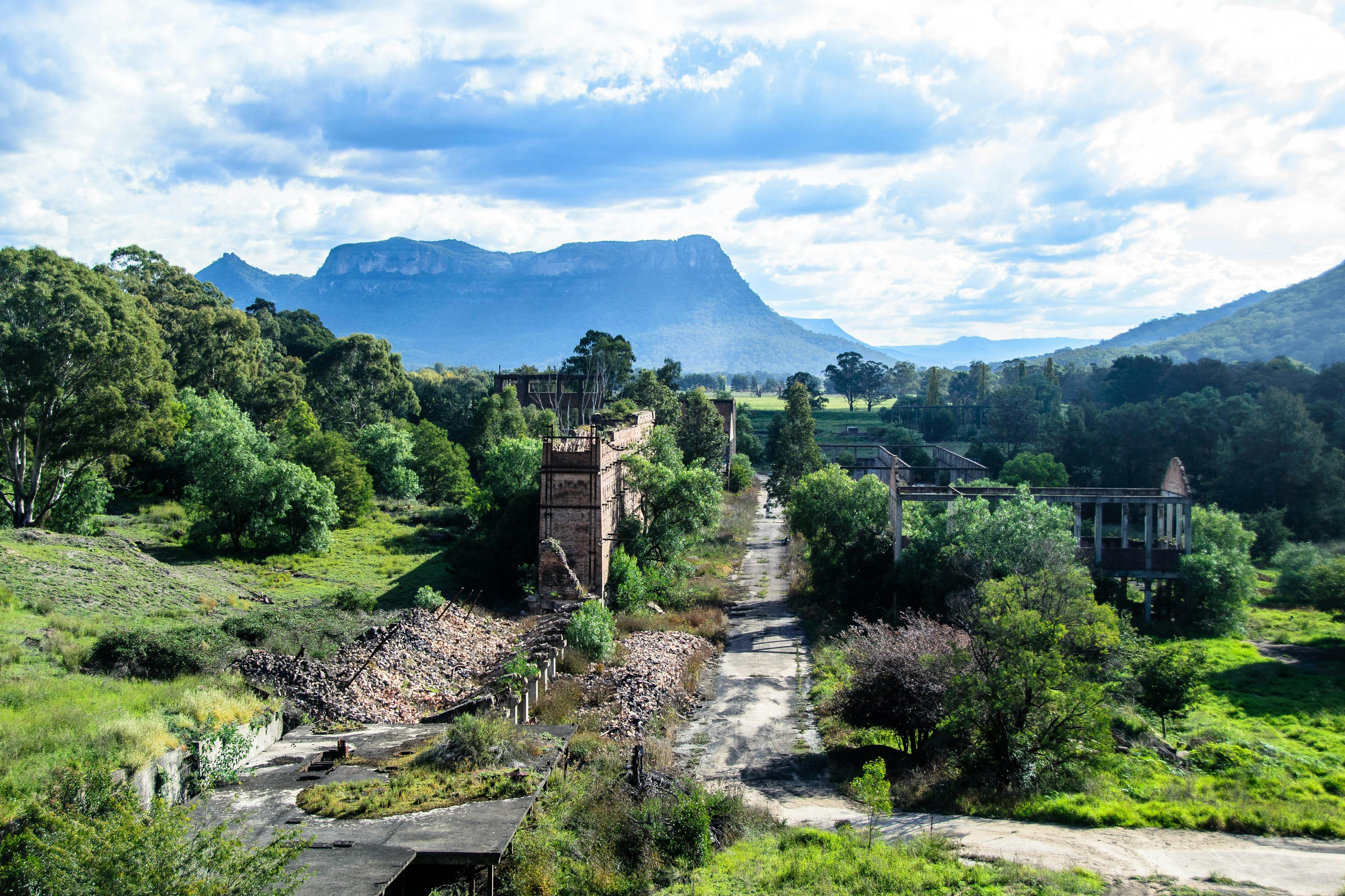 Glen Davis shale works ruins, 2017 at Glen Davis, NSW from lookout in Wollemi National Park