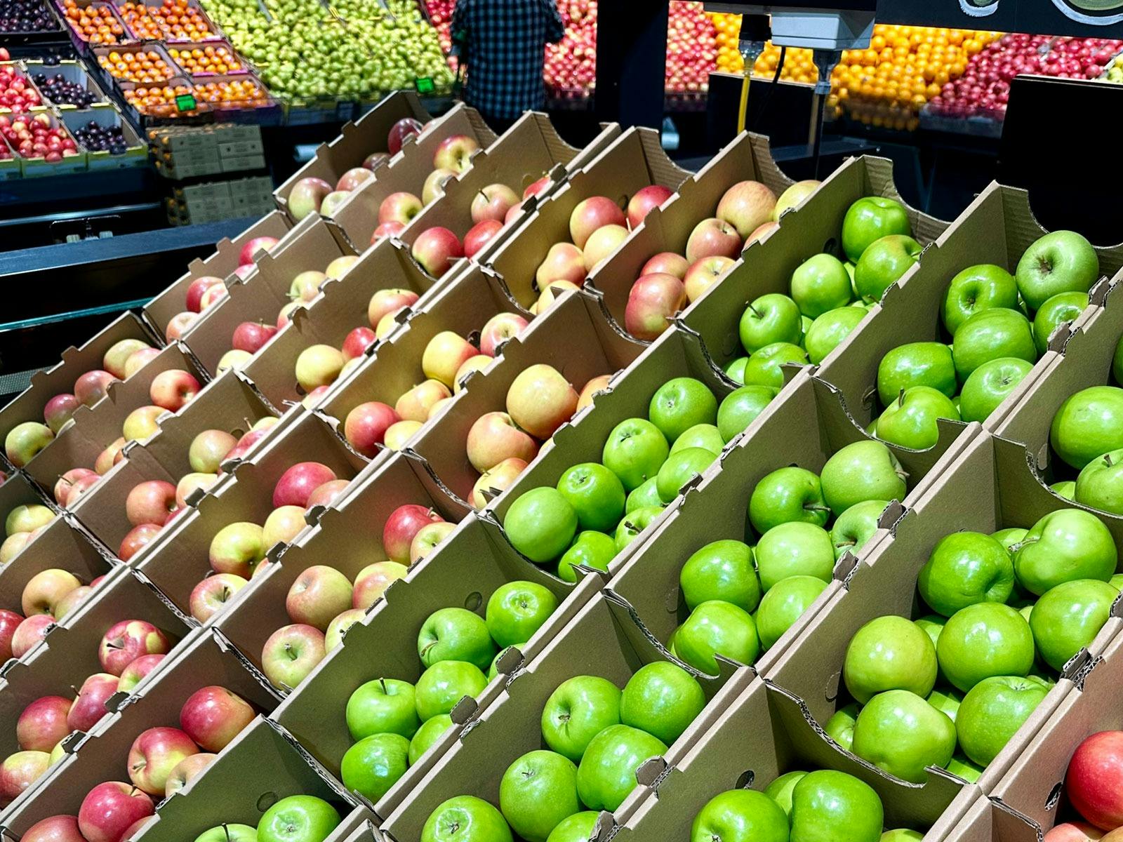 Red and green apple display at Bunbury Farmers Market