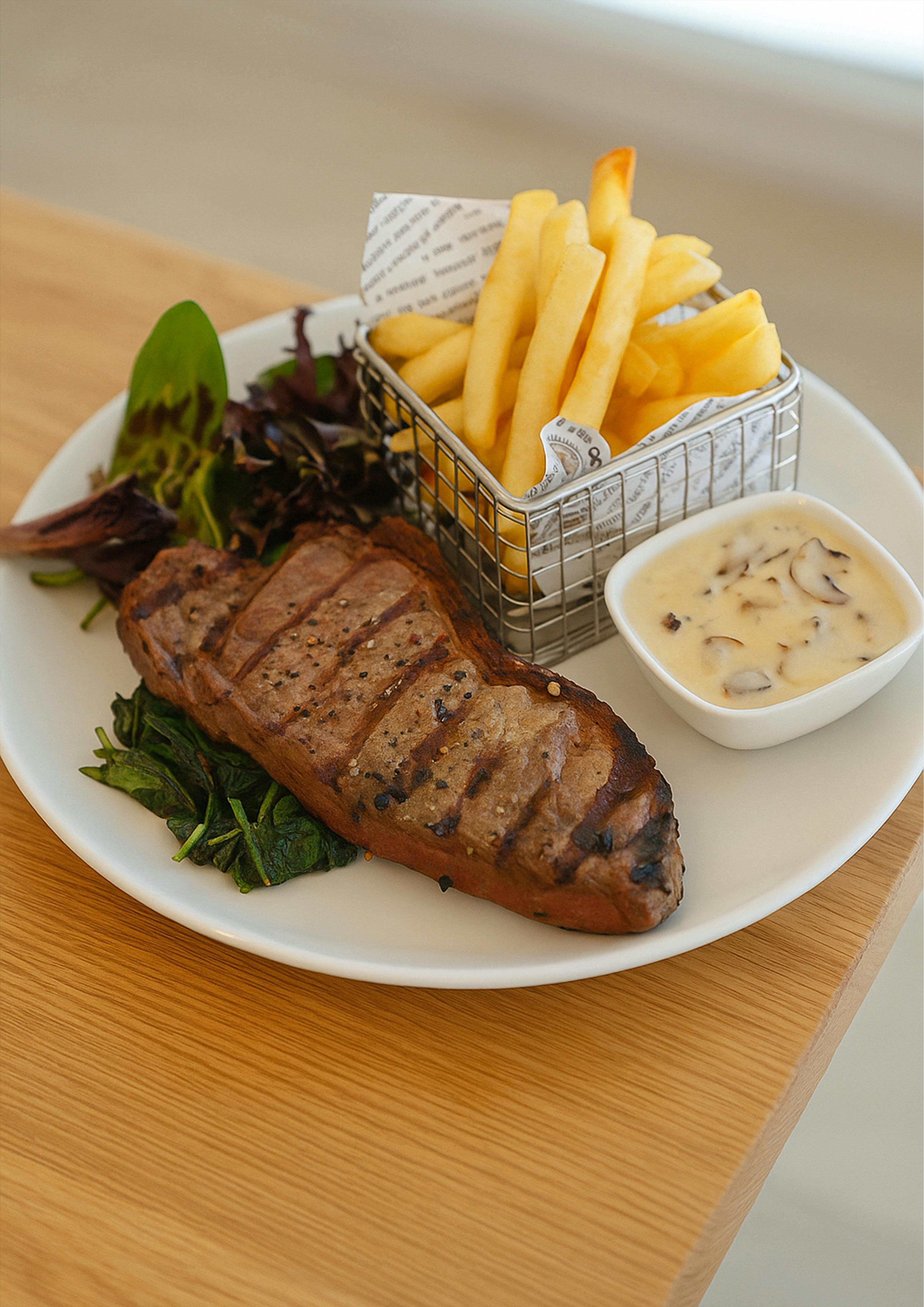 Grilled Scotch Fillet steak with fries, salad, and mushroom sauce at Esteria.
