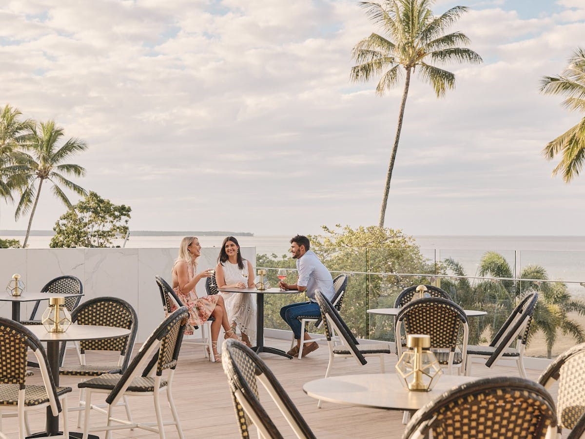 Balcony with tables and nice view in the background