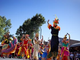 women dressed in colourful outfits with fruit headpieces walking in the parade.