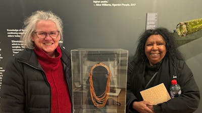 Dr Robyn McKenzie and Maree Clark at CMAG with one of Maree's artworks