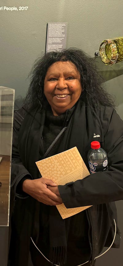 Dr Robyn McKenzie and Maree Clark at CMAG with one of Maree's artworks