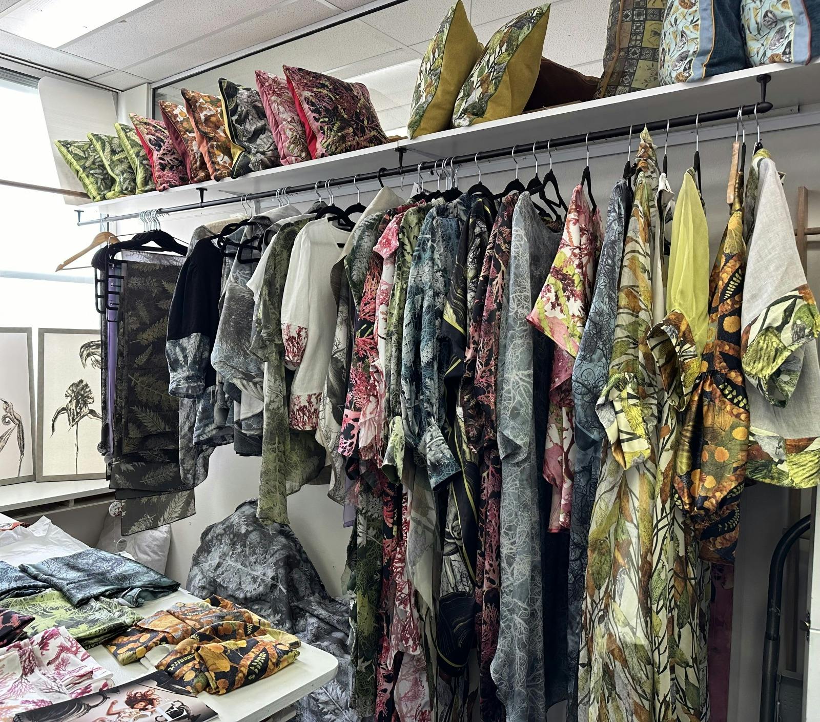 Deborah WACE collection featuring bespoke garments, cushions & original prints.
