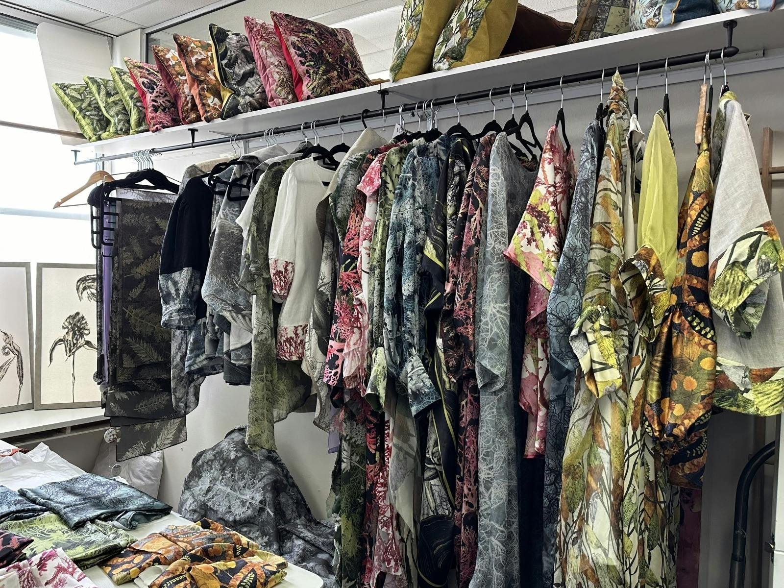 Deborah WACE collection featuring bespoke garments, cushions & original prints.