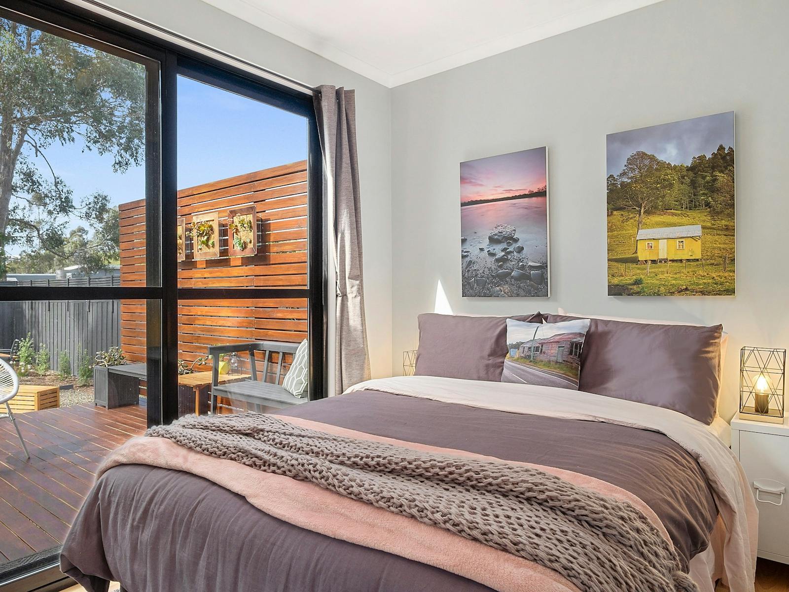 Double bedroom with deck access - Three Beaches Bruny Island Huon Valley launchpad holiday home