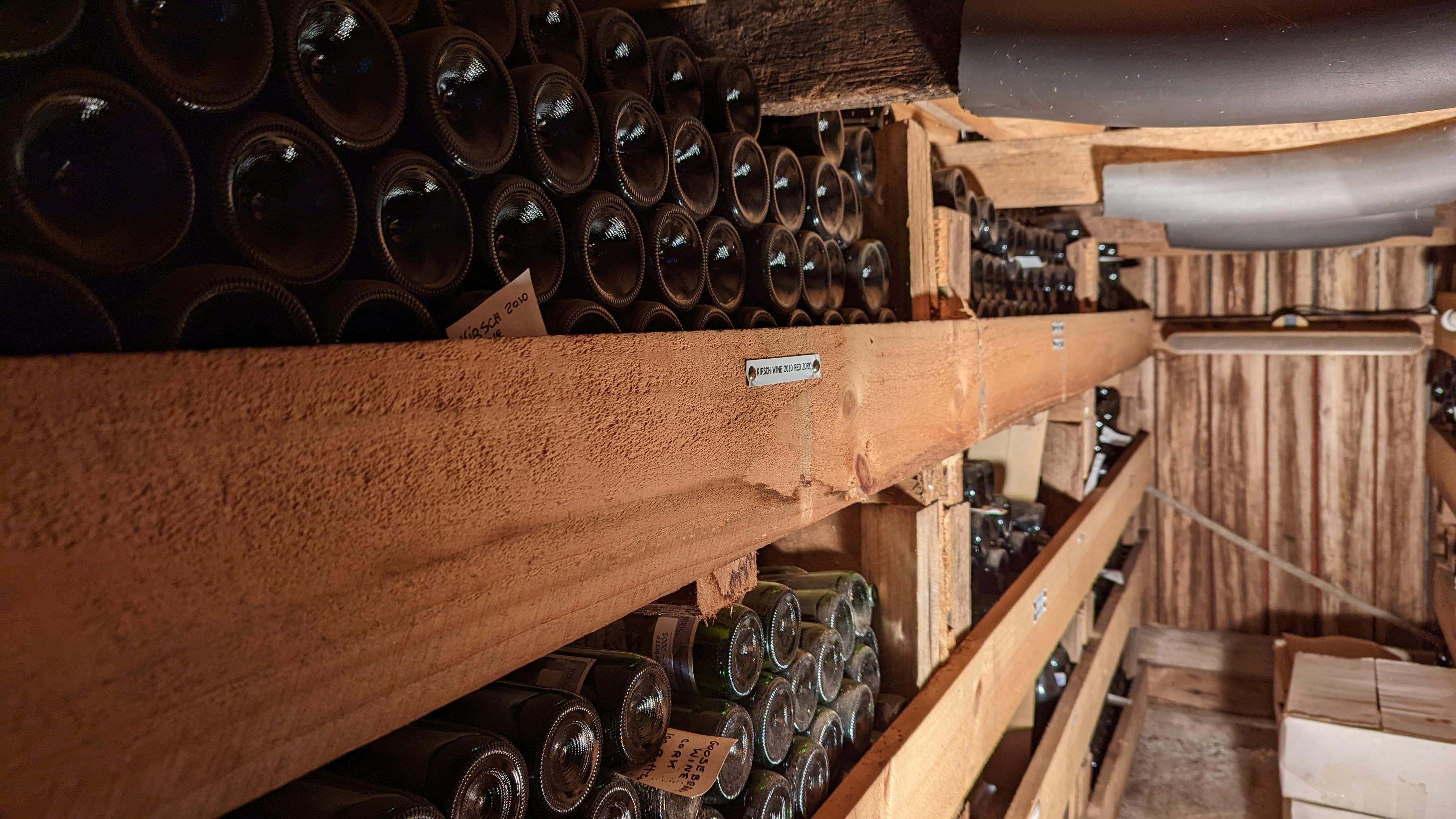 dusty bottles of wine on wooden shelving in cellar