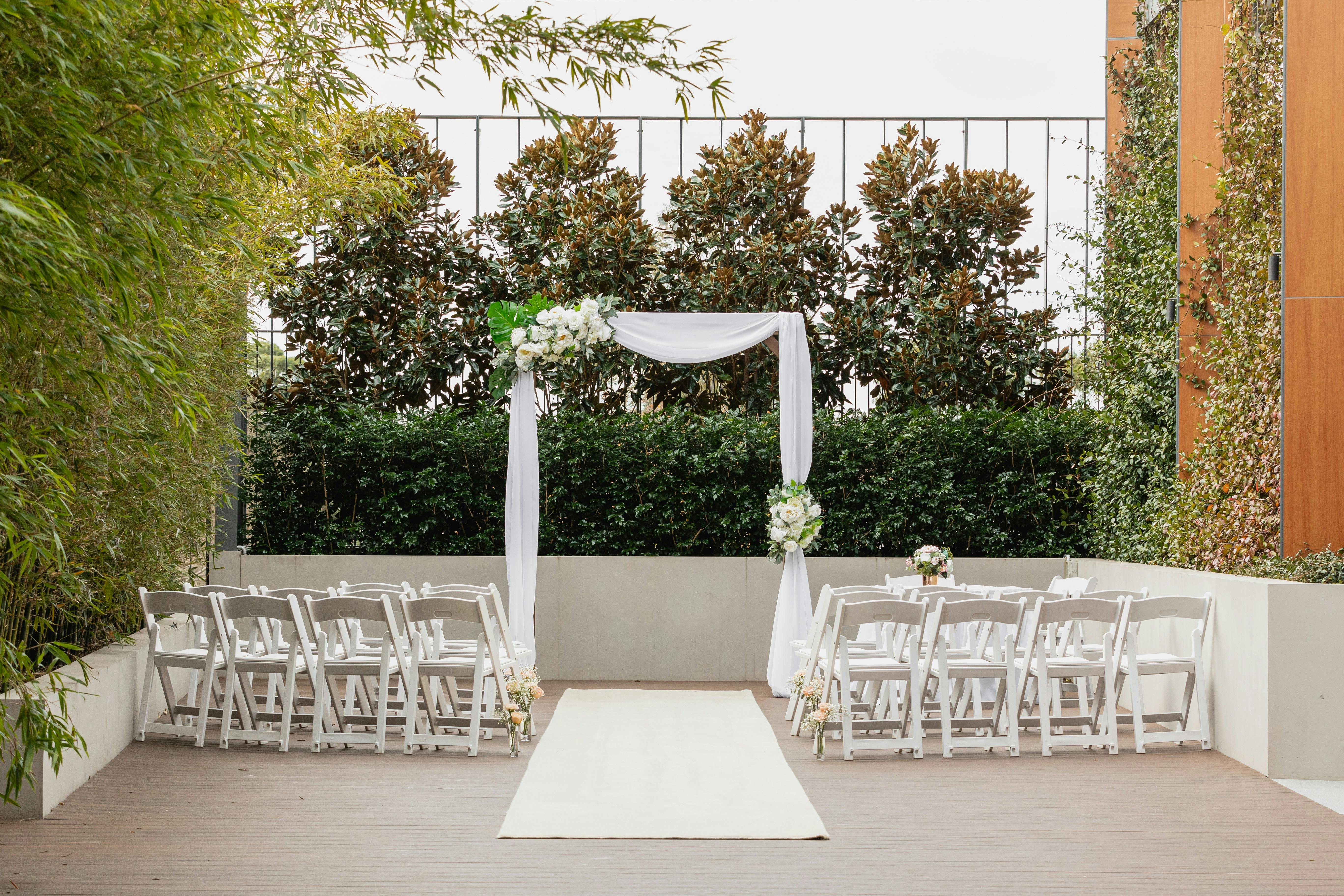 Garden courtyard set up for a wedding reception