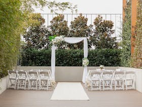 Garden courtyard set up for a wedding reception