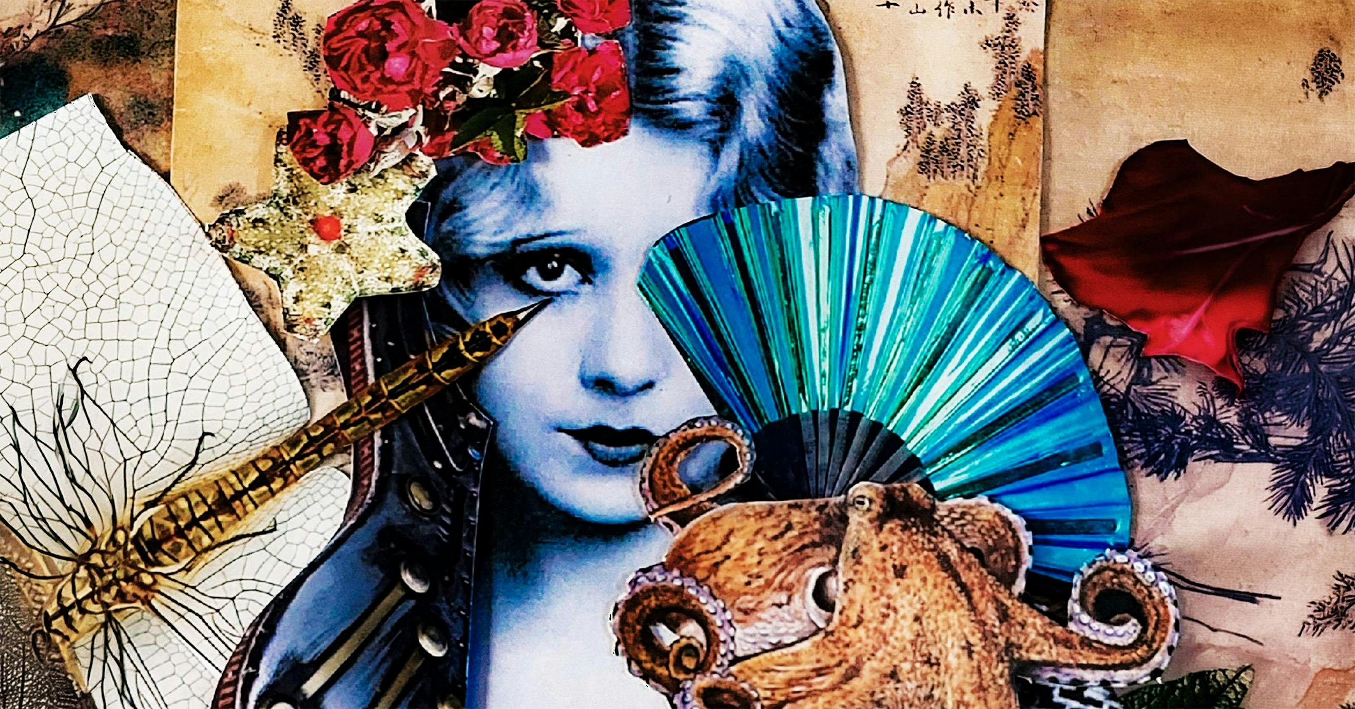 A painting of a woman, with a pen drawing her eye, flowers in her hair, she's holding a hand fan.