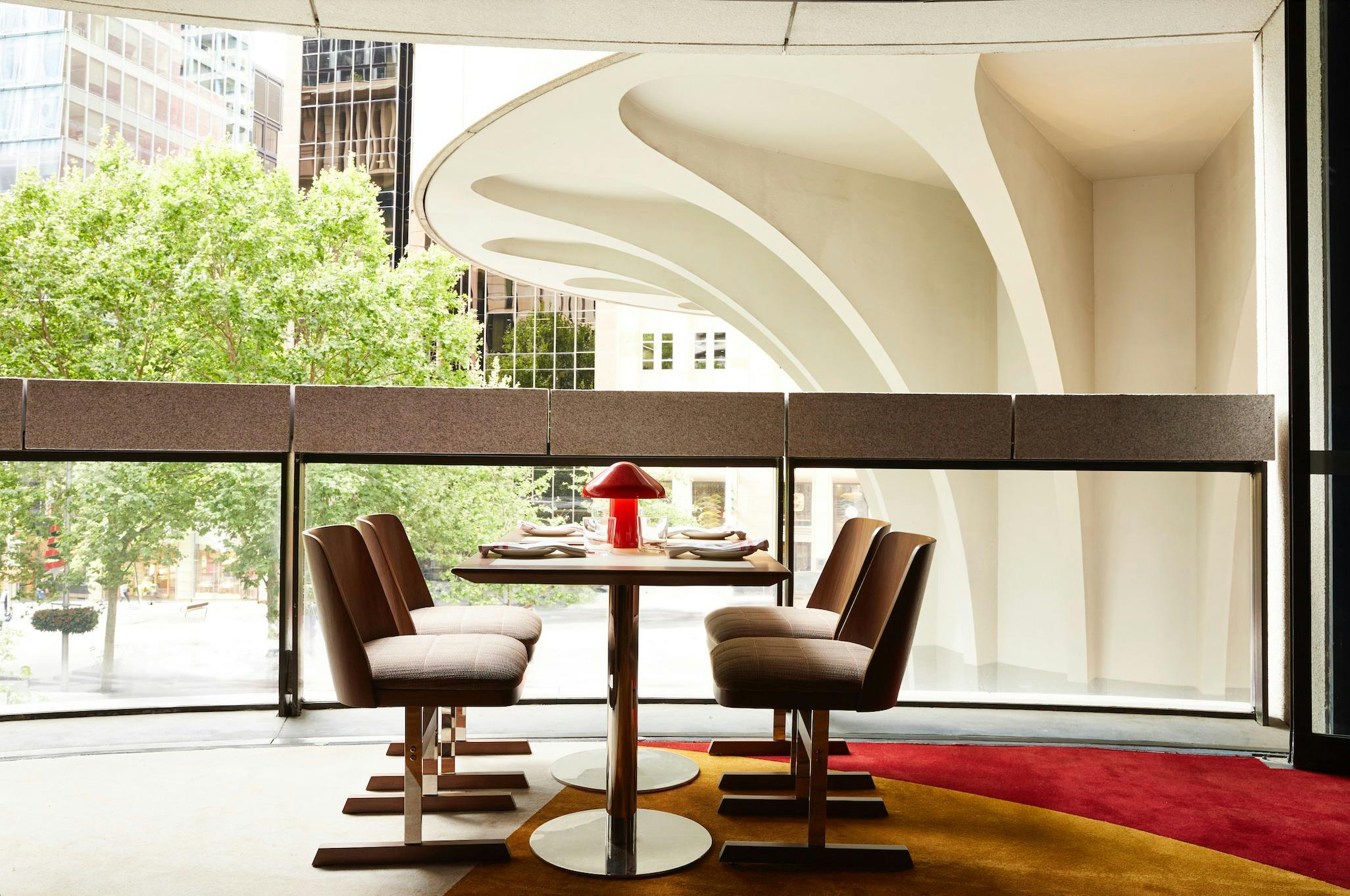 Table with view of Henry Seidler's modernist mushroom