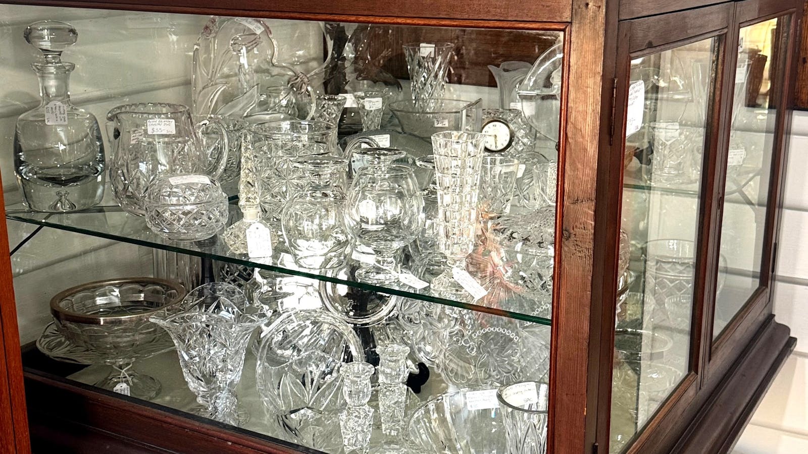 Cut crystal decanters, vases and glassware in original timber display case