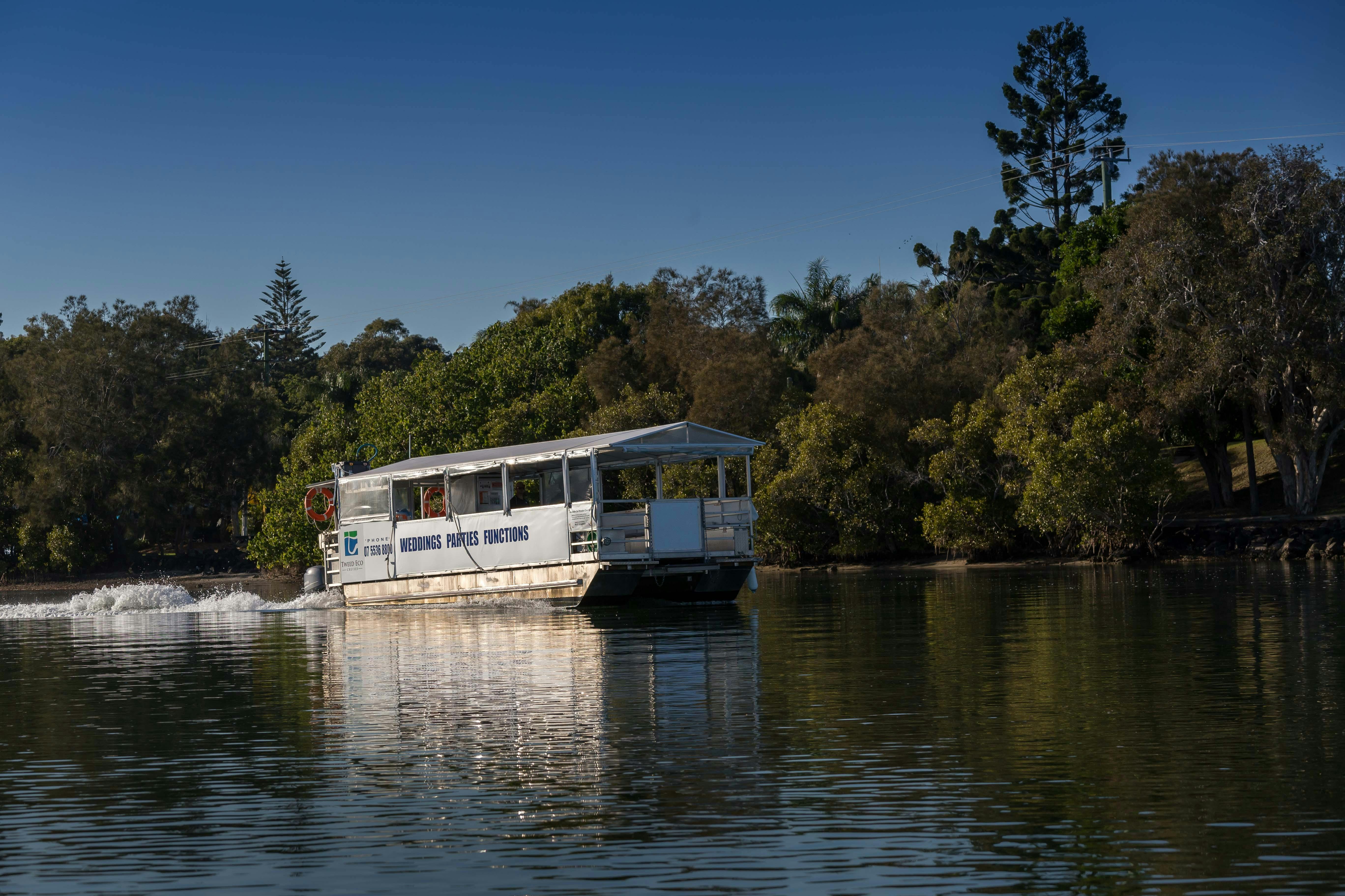Boat cruising on river past rainforest