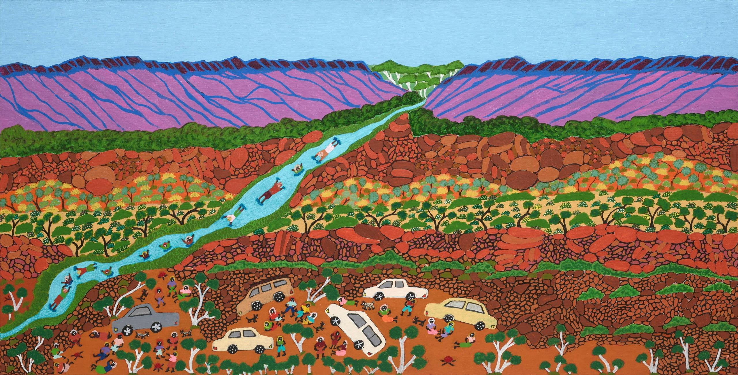 A vibrant, stylised landscape painting of a wide valley with purple-striped hills in the background
